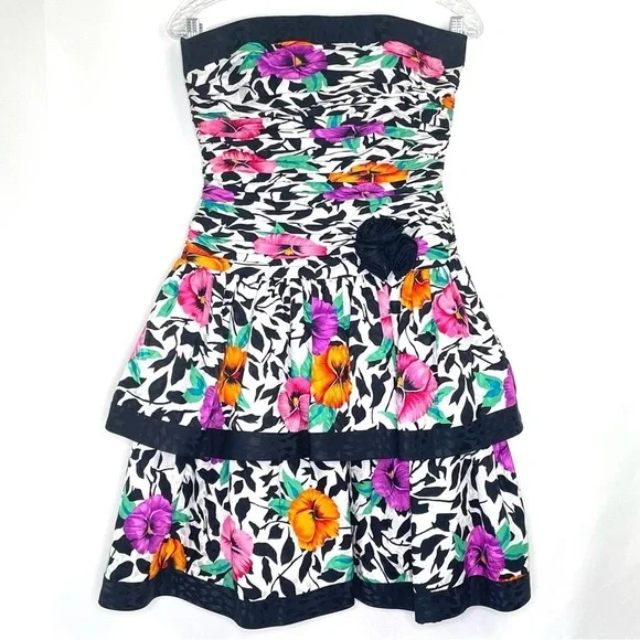 A.J. Bari Vintage 100% Silk Corset Tiered Floral Party Cocktail Dress Size 8 - Picture 11 of 11